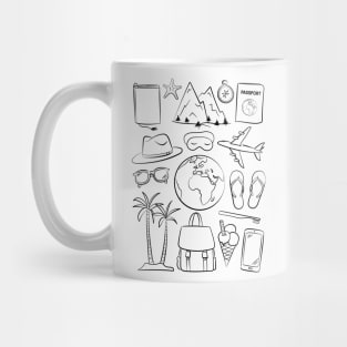 Wanderlust traveling art. Cheerful traveler illustration. Mug